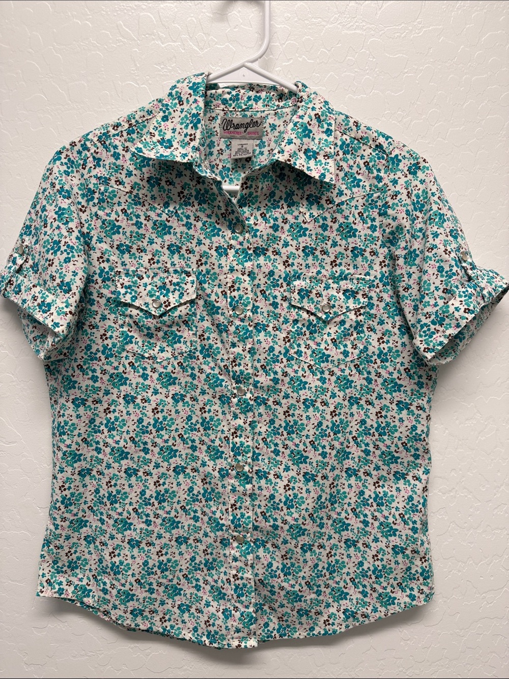 Wrangler Teal, White and Brown Floral Short Sleeve Pearl Snap Shirt